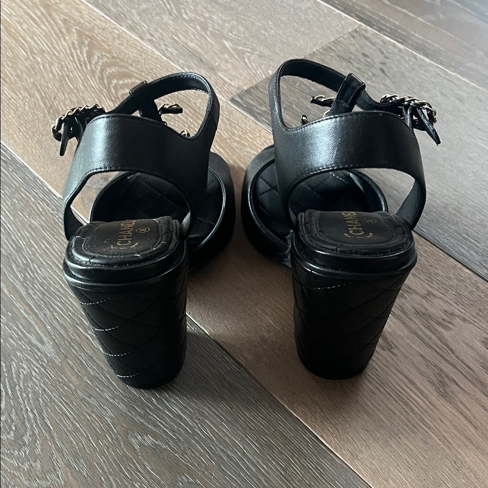 CHANEL Black Leather Platform Slingback Sandals with Gold CC Chain - Picture 3 of 7